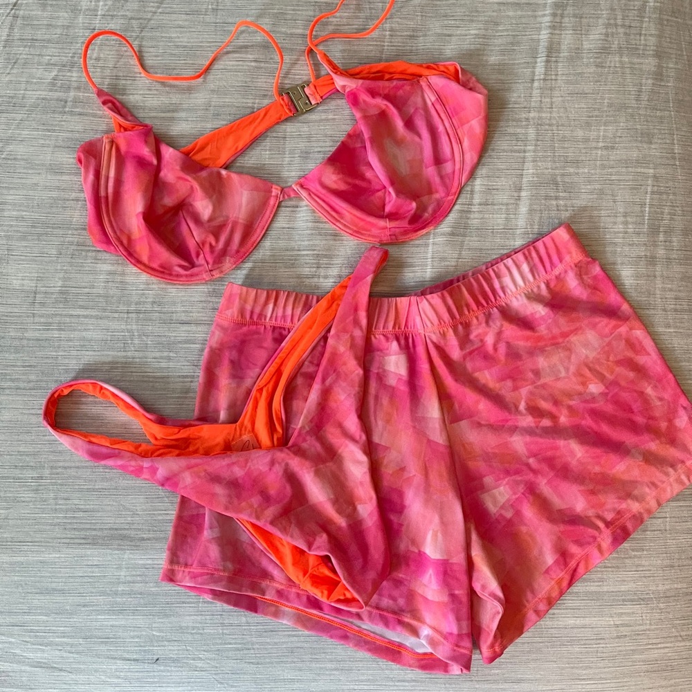 3 piece swim, neon orange and hot pink